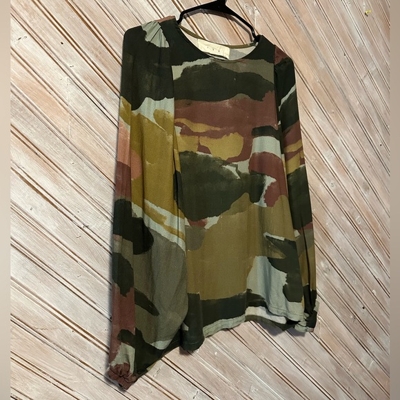Pan Earthy Camo Water Colour Print Long Sleeve Blouse Olive Multi Flowing - Picture 2 of 6